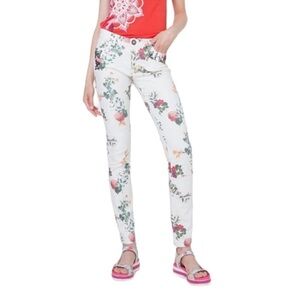 Desigual whimsical white floral cotton embroidered bohemian jean pant size EU 44
